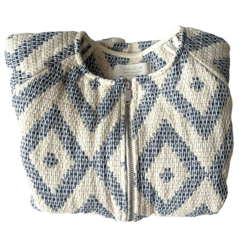 Zara Girls soft collection outerwear blue/crème full zip closure jacket | 13/14